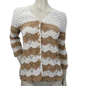 Vintage Handmade‎ Crochet Striped Cardigan Beige Goblincore Boho Medium